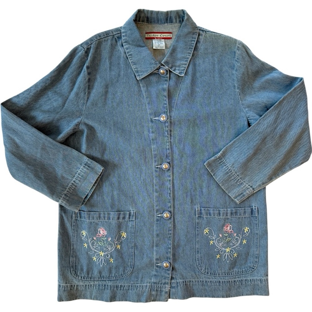 Vintage Floral Embroidered Pockets Denim Shacket